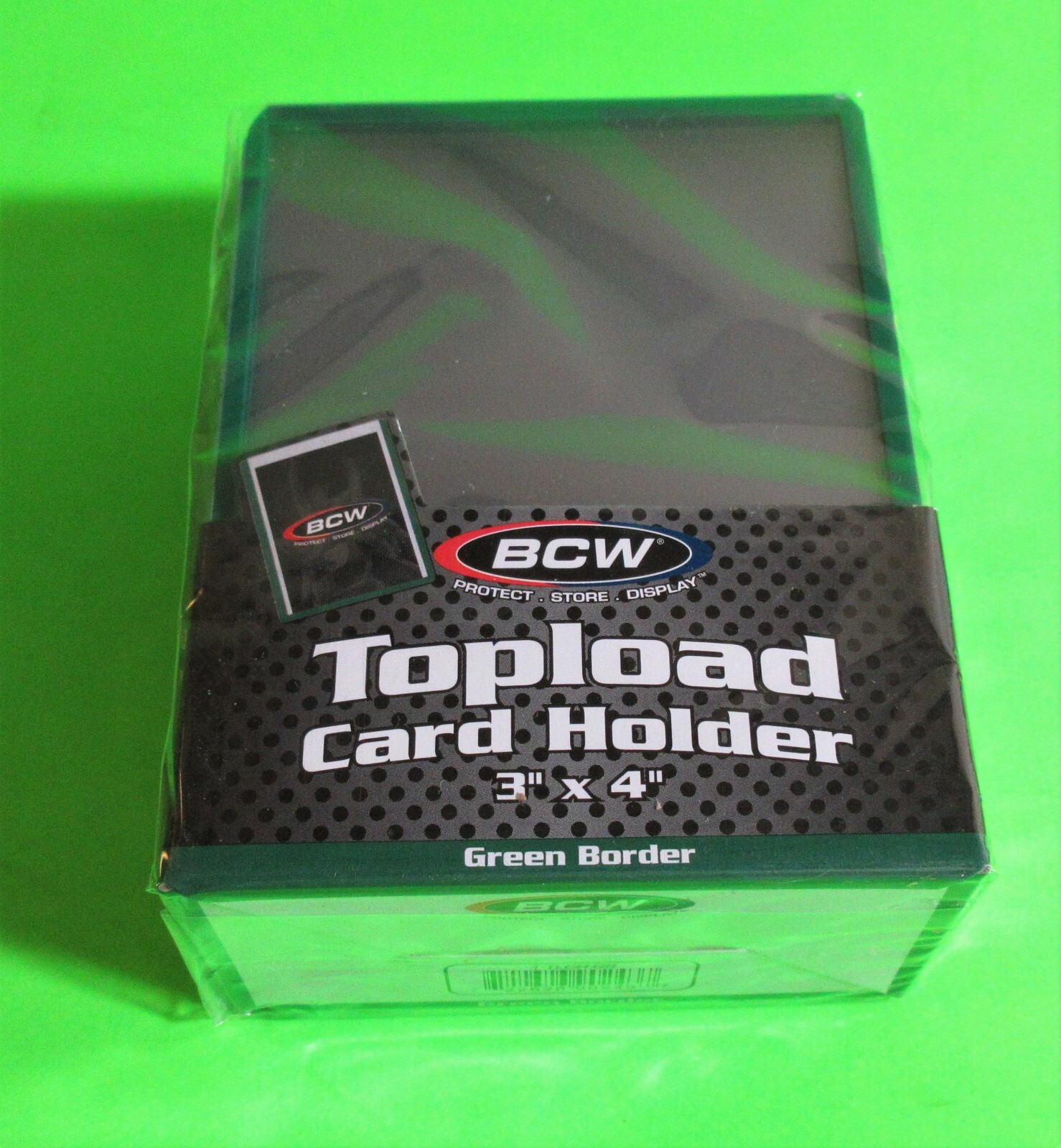150 TOPLOAD CARD HOLDER-GREEN BORDER, FOR TRADING CARDS,12M 3 X 4 RIGID PLASTIC