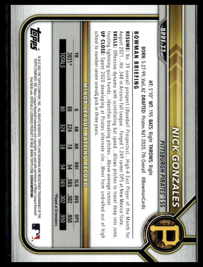 2022 Bowman 1st Edition #BPPF-77 Nick Gonzales Sky Blue Foil
