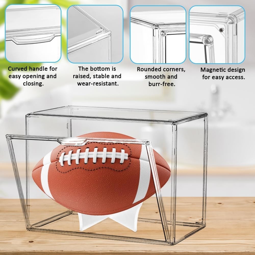 Football Display Case Full Size Acrylic Clear Box with Stand UV Protected Memo