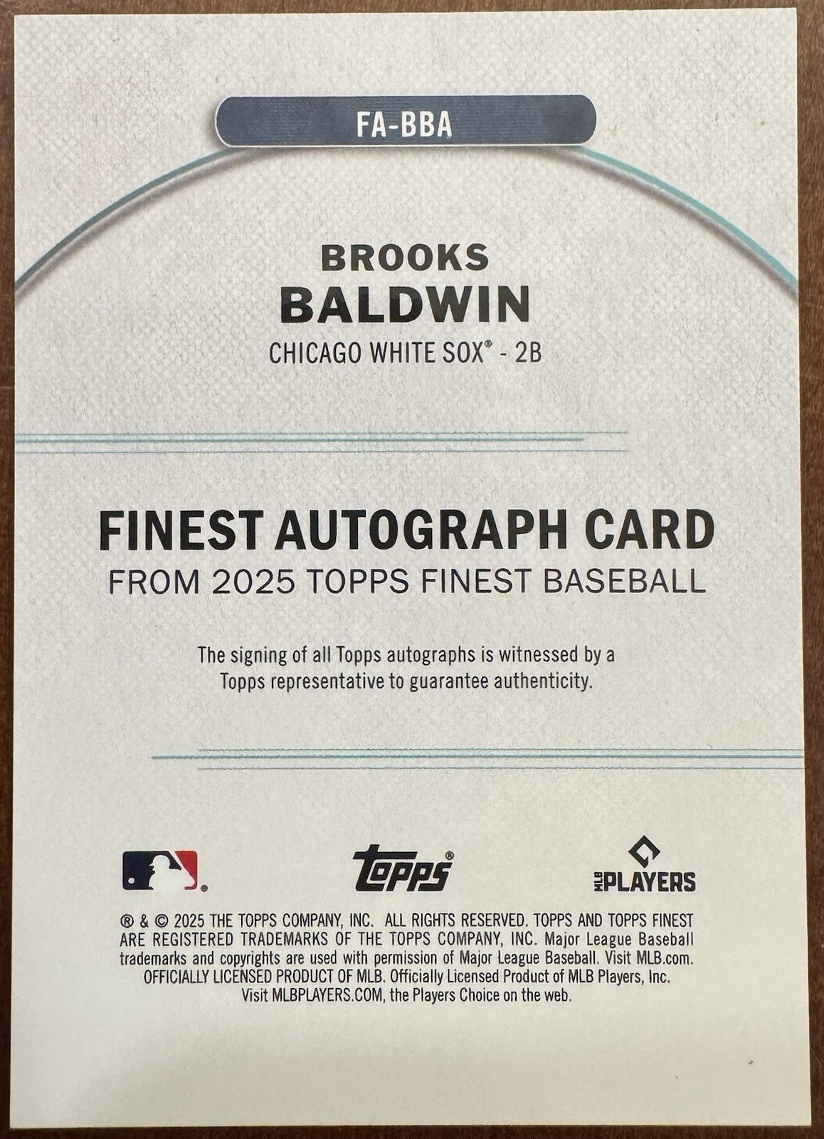 2025 Topps Finest Brooks Baldwin RC Sky Blue Auto #FA-BBA /150 White Sox