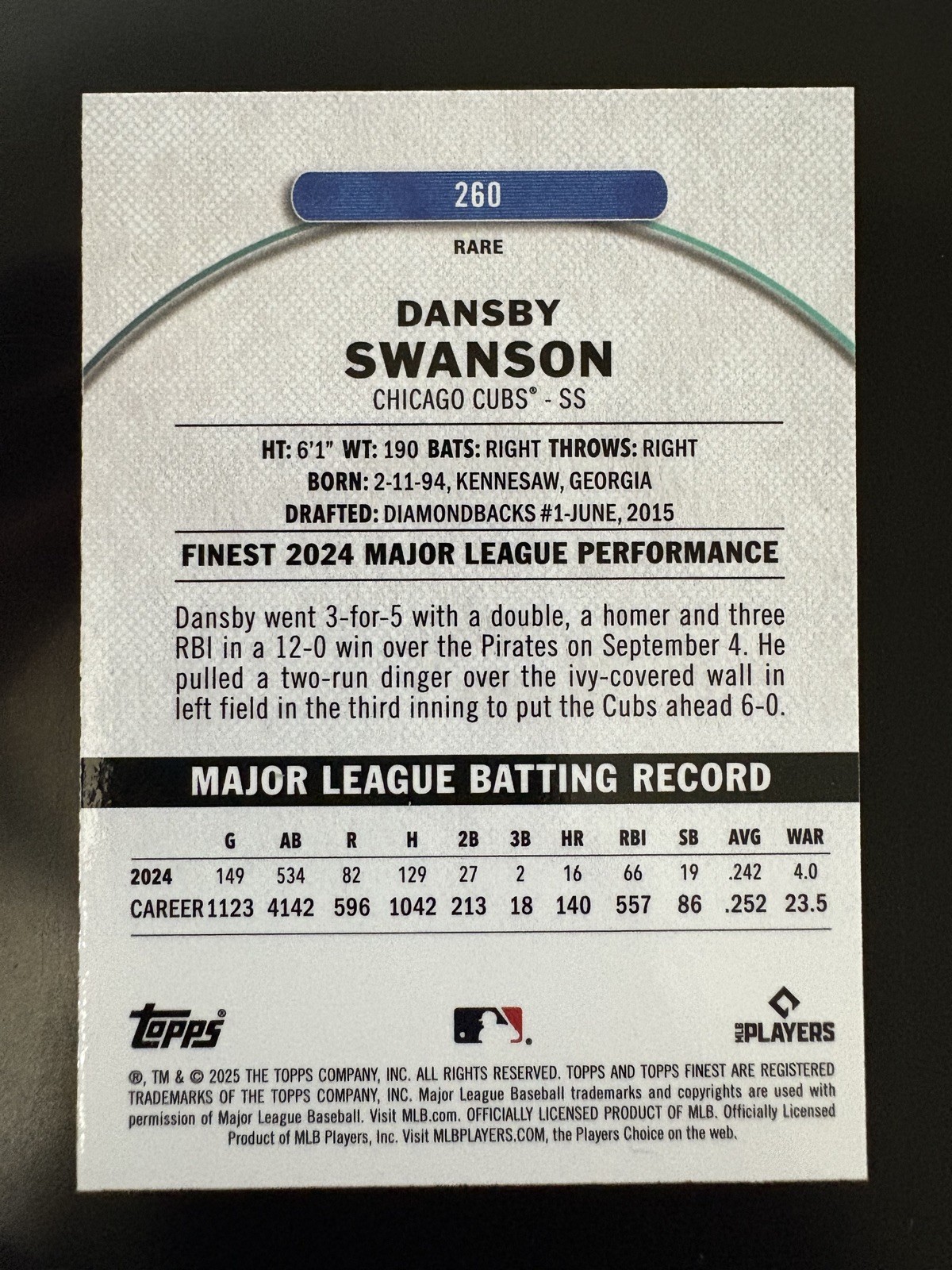 2025 Topps Finest Rare #260 Dansby Swanson Sky Blue Refractor 57/150 Color Match