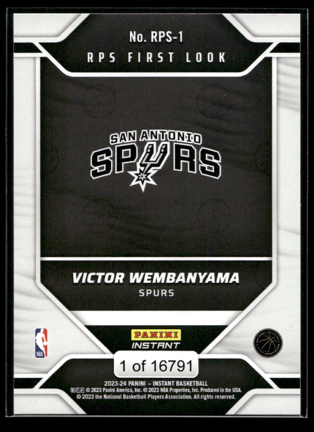 2023-24 Panini Instant Victor Wembanyama RPS FIRST LOOK 1/16791 Spurs #RPS-1 RC