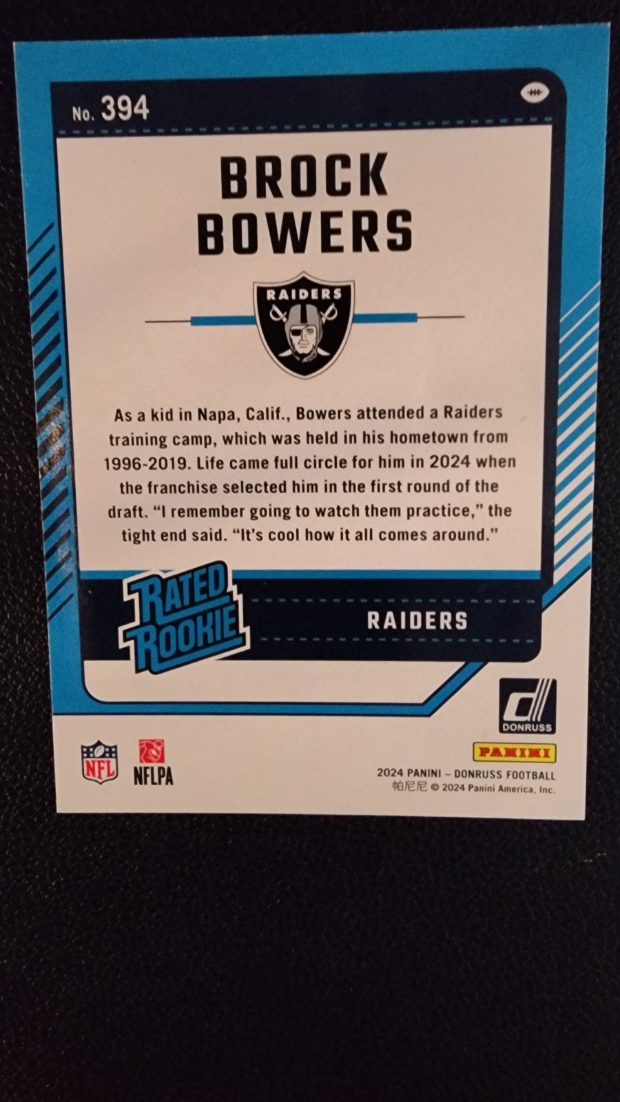 2024 Pannini Donruss Rated Rookie Brock Bowers #394 Las Vegas Raiders RC mint