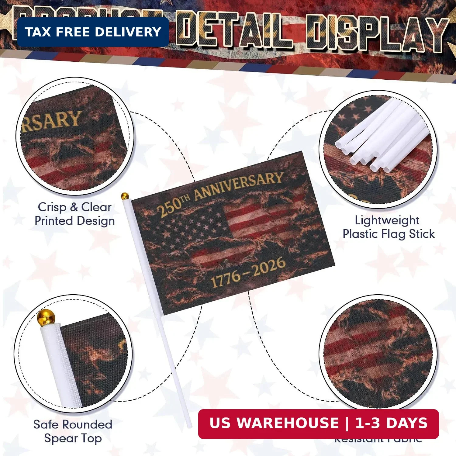 Remagr 100 Pcs 250th Anniversary Flag on Stick America Hand Held Flag 1776-2026