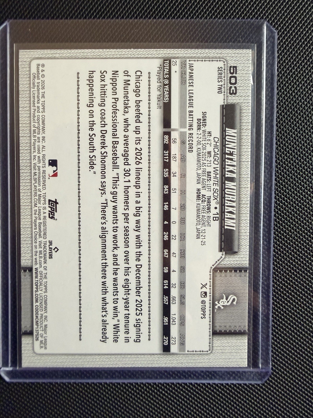 Munetaka Murakami #503 2026 Topps Series 2 RC Sun Foil White Sox Rookie Parallel