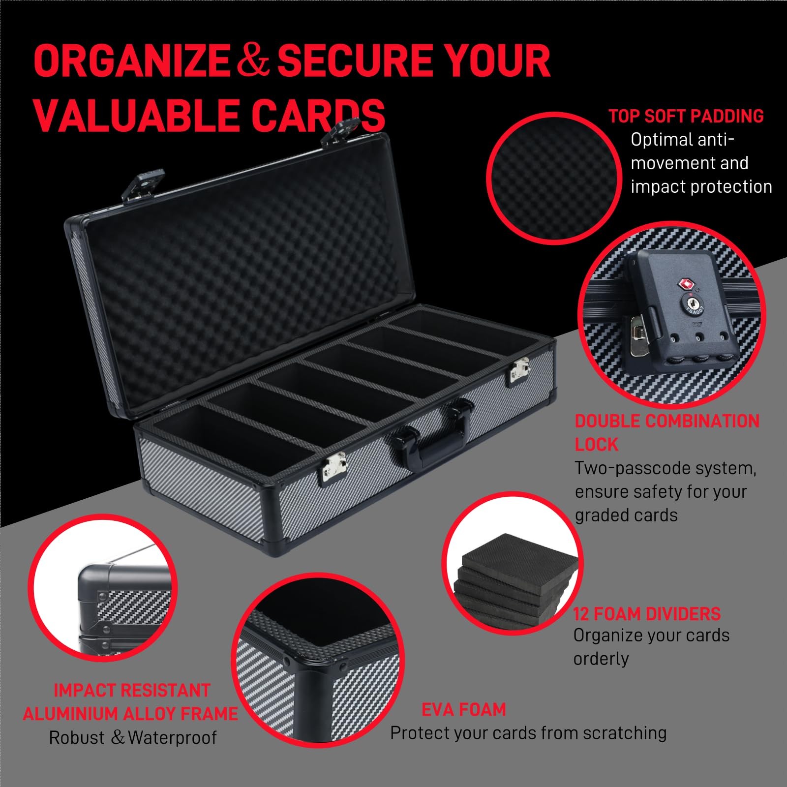 6 Row TSA Combination Lock Graded Card Storage Case for PSA Cards