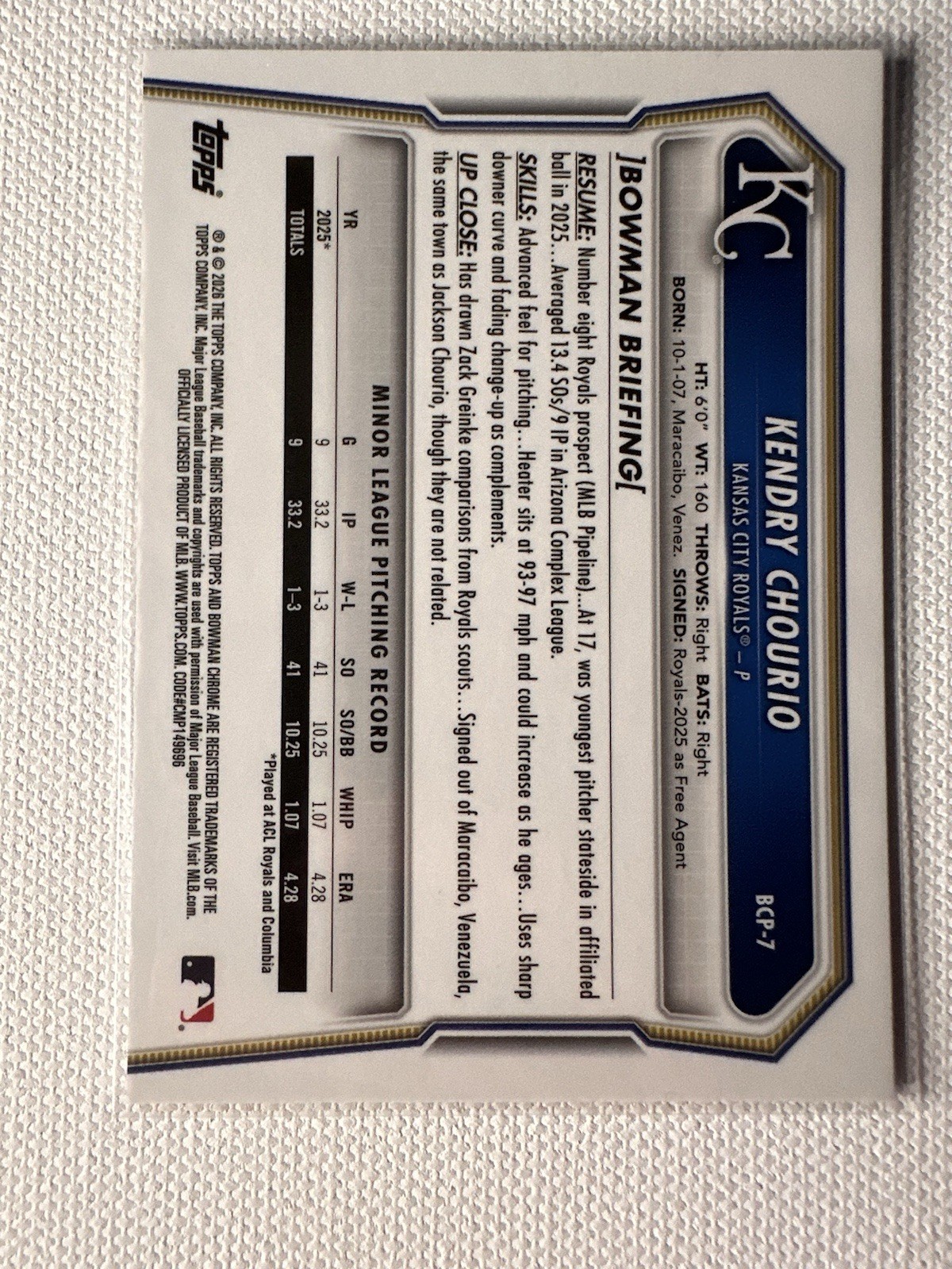 2026 Bowman Chrome 1st Kendry Chourio #BCP-7 Mojo Refractor Kansas City Royals