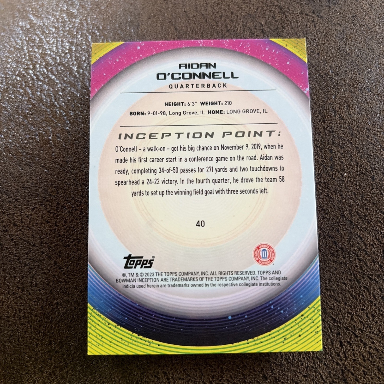 2022-23 Bowman Inception University – Aidan O’Connell #40 Blue Foil V2 /99 (RC)