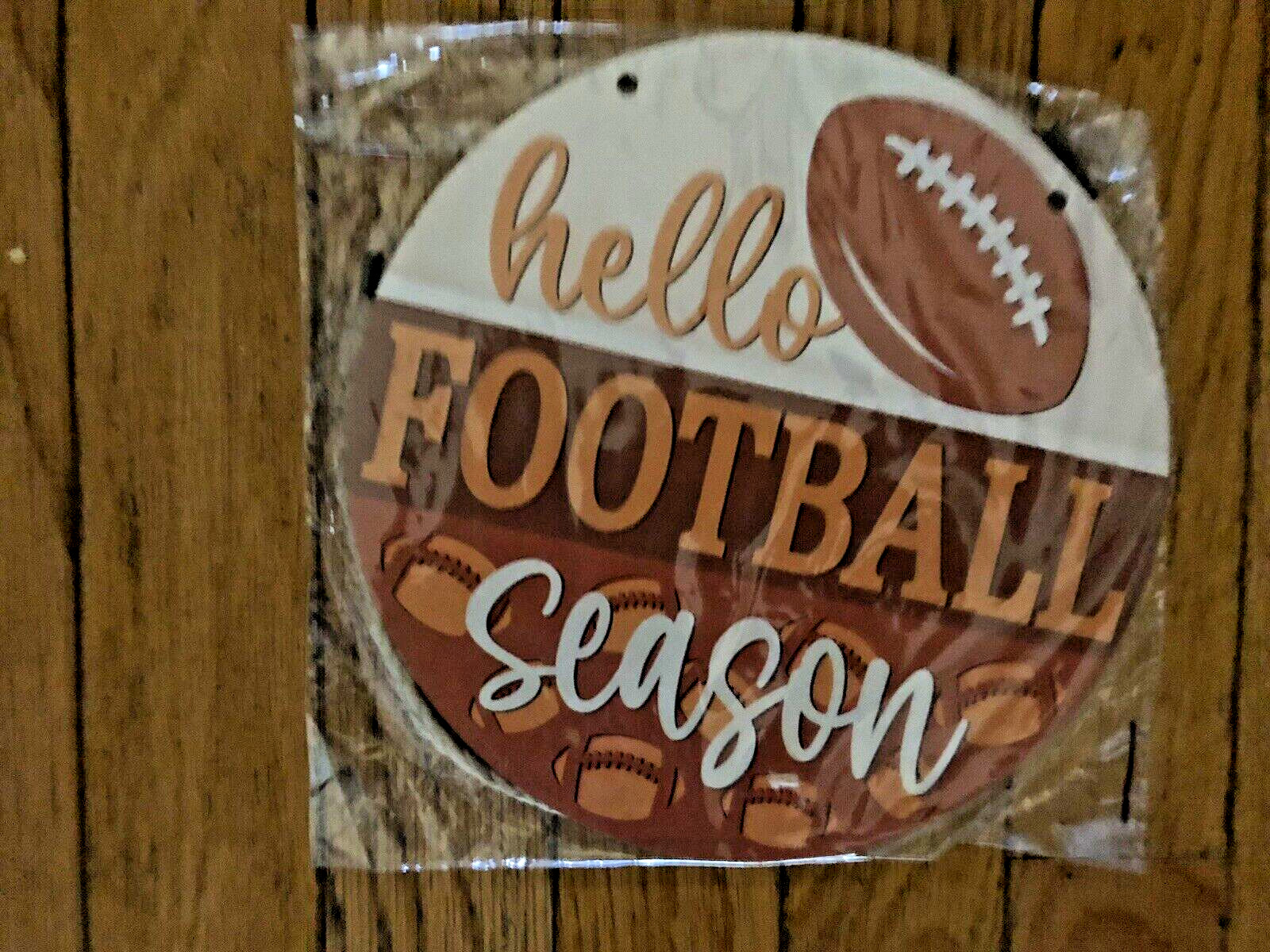 HELLO FOOTBALL SEASON WOODEN ROUND HANGING SIGN NEW