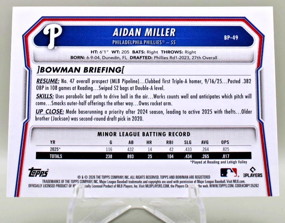 2026 Bowman Prospects – Aidan Miller #BP-49 Phillies