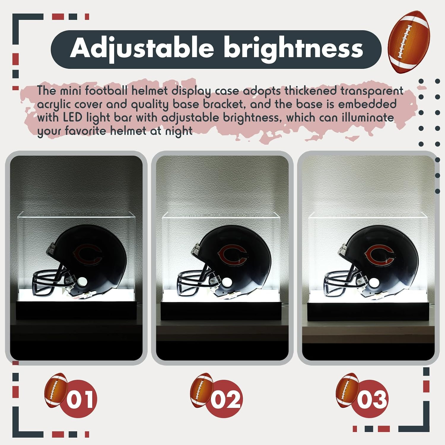 Acrylic Mini Helmet Display Case with LED Light 7.5 Inch Clear Adjustable Bright