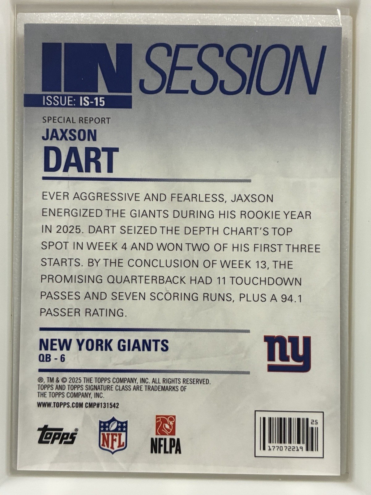 2025 Topps Signature IS-15 Jaxson Dart In Session Red 20/25, New York Giants
