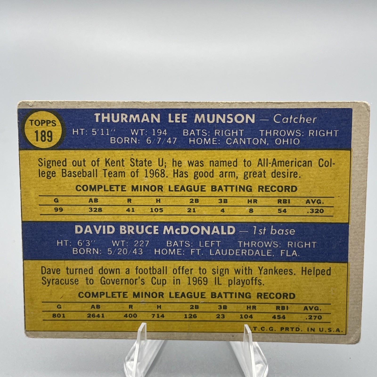 1970 Topps- #189 Thurman Munson -David McDonald 1970 Yankees Rookie Stars – Poor