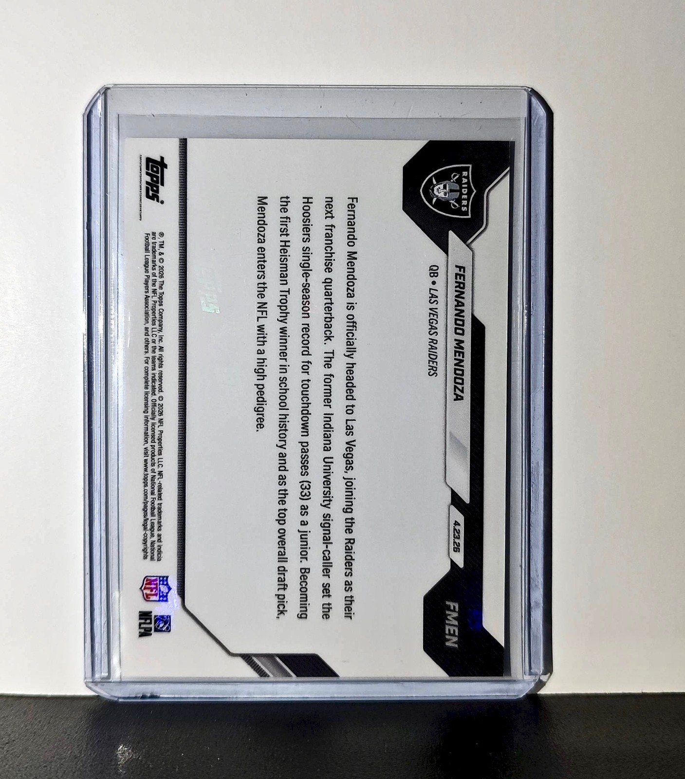 Fernando Mendoza Rookie 2026 Topps Now Draft Night #FMEN Card Las Vegas Raiders