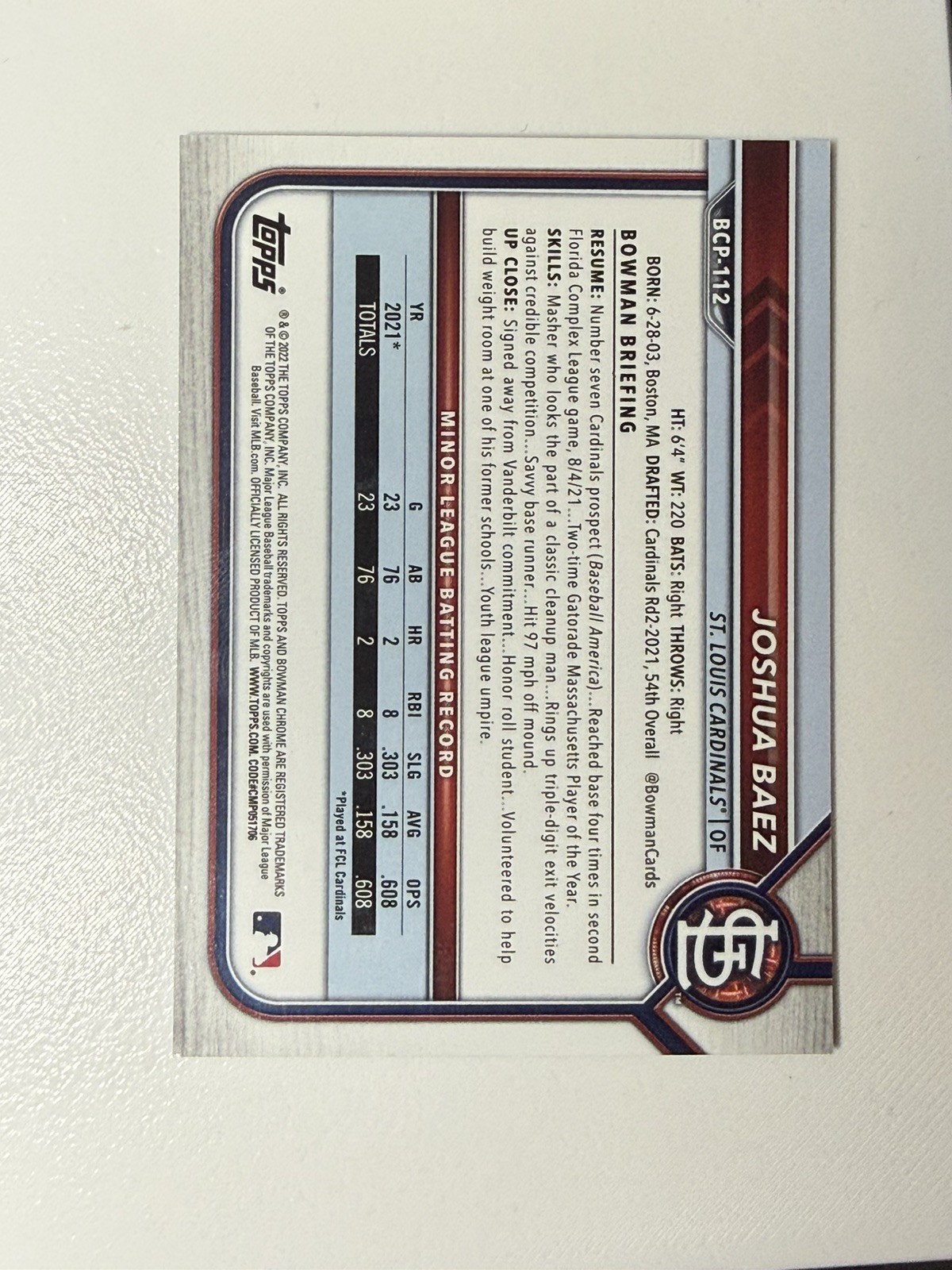 Joshua Baez 2022 Bowman Chrome True Blue /150 1st Bowman