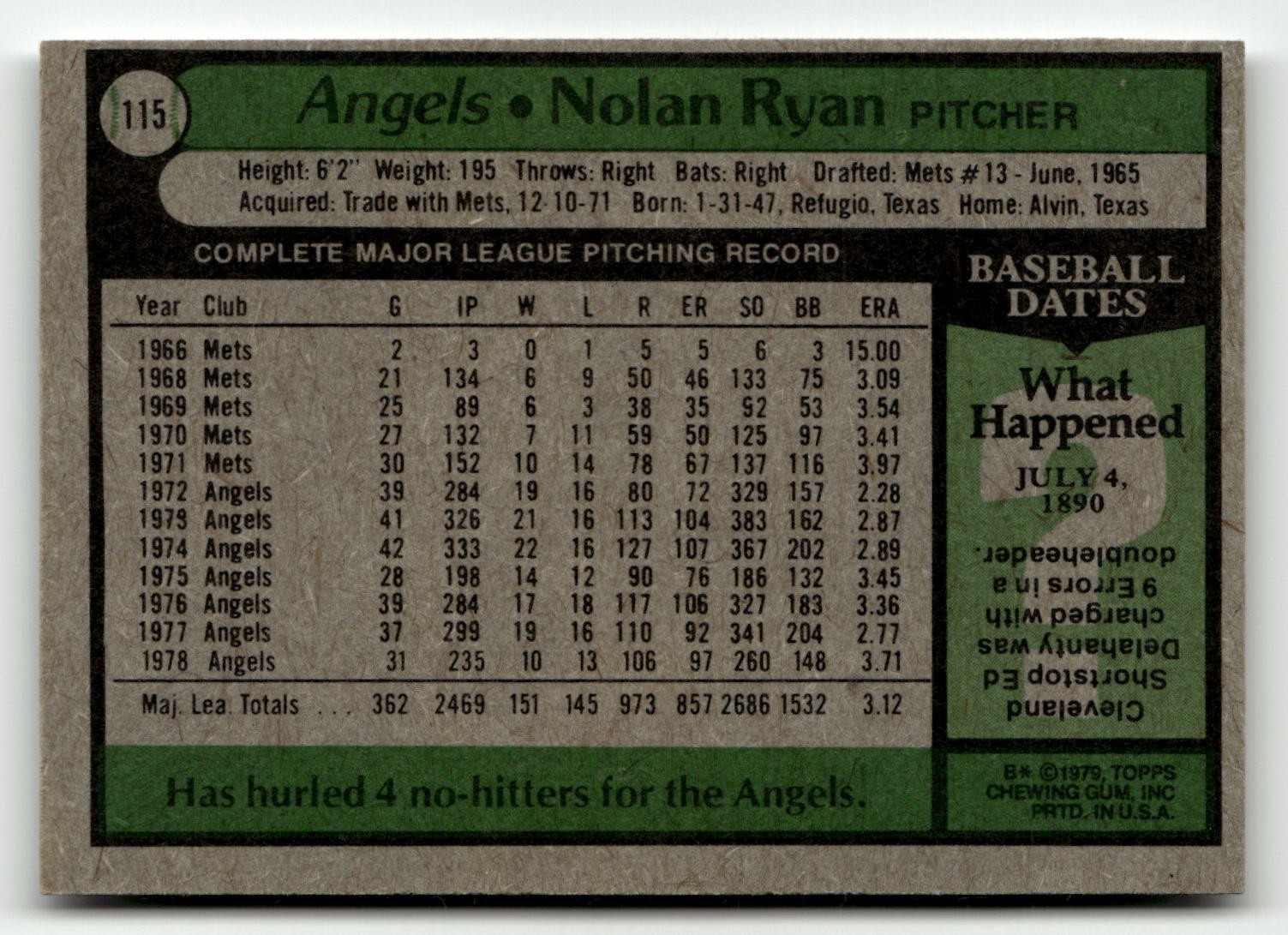 1979 Topps #115 Nolan Ryan Angels HoF (Pick Your Card)