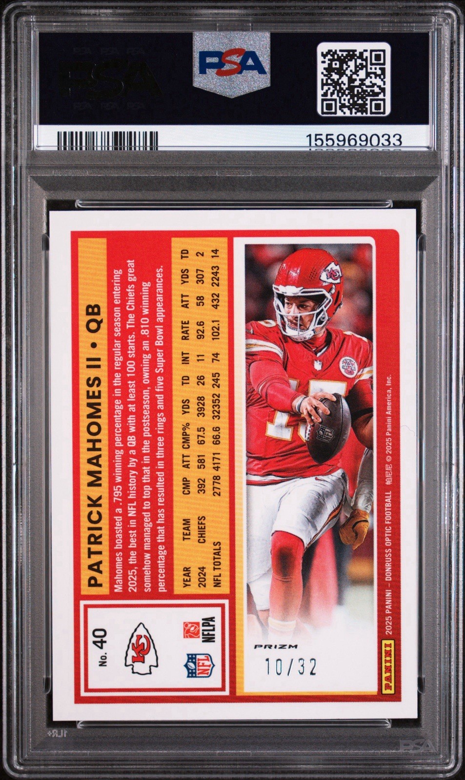 2025 Donruss Optic #40 Patrick Mahomes Team Logo Prizm /32 PSA 10 GEM MT