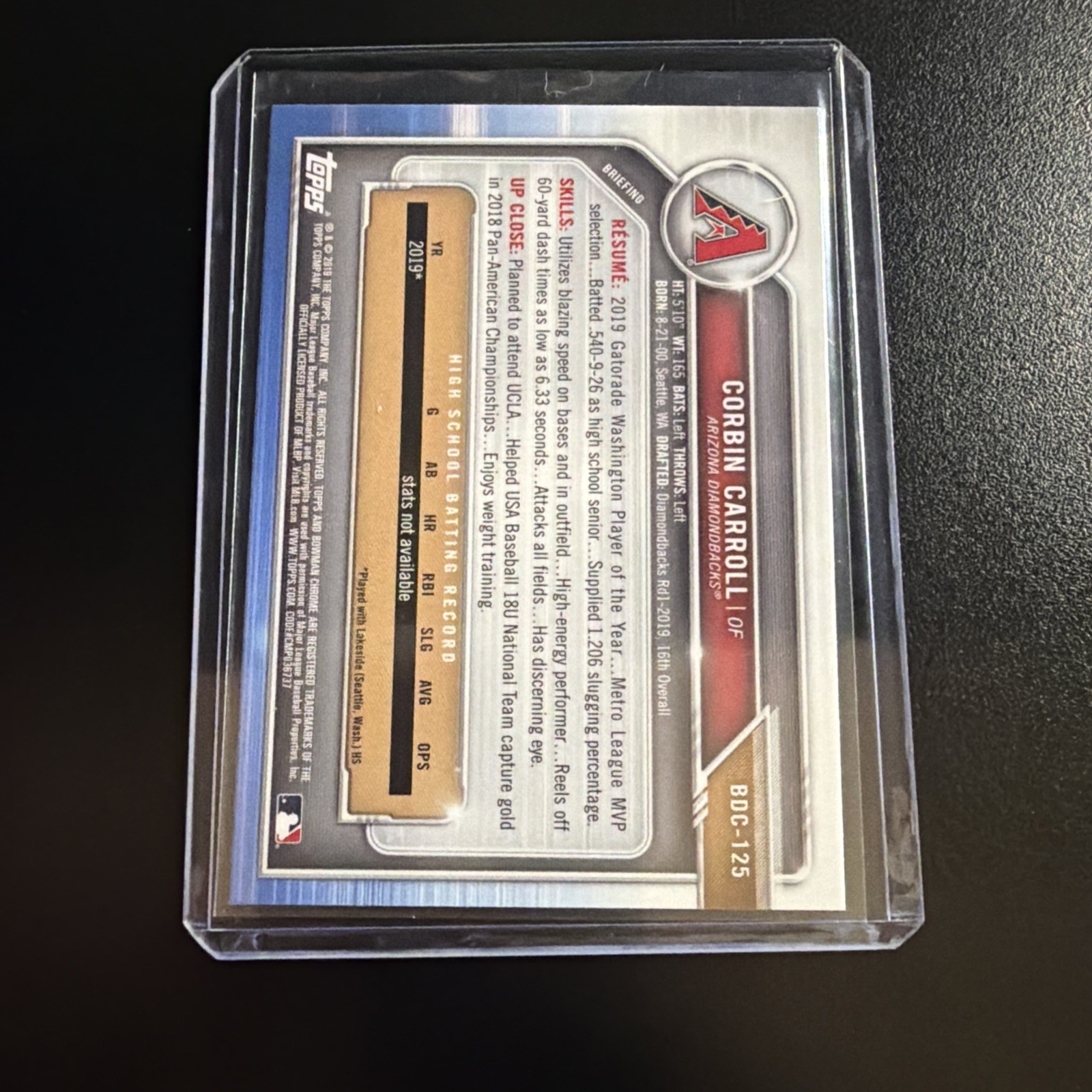 2019 Bowman Chrome Draft Corbin Carroll Prospect 1st #BDC-125 Diamondbacks RC