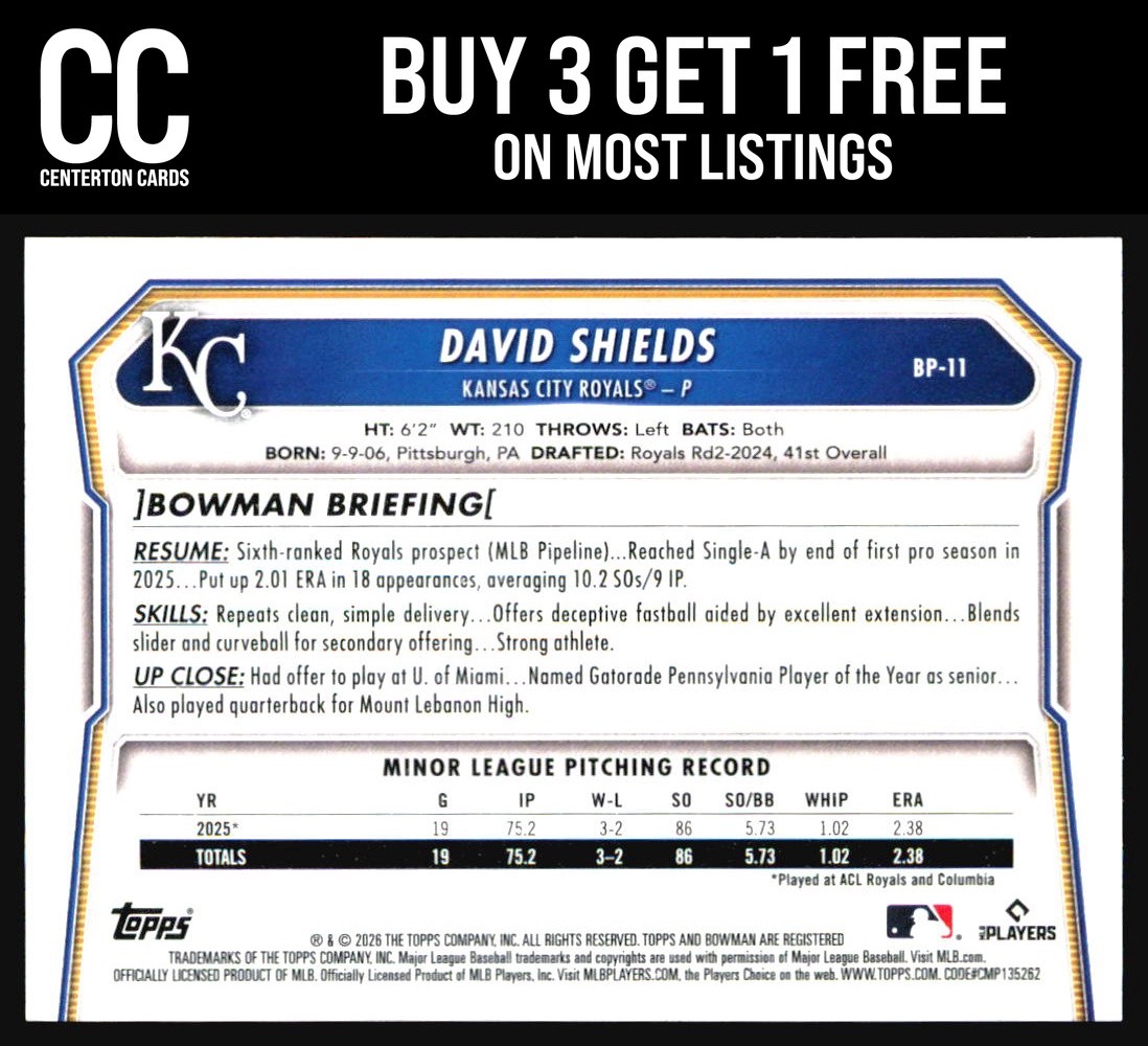 2026 Bowman #BP-11 David Shields Prospects 1st Kansas City Royals