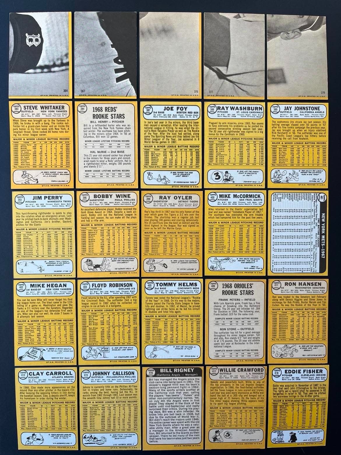 1968 Topps Baseball Card Set -247 DIFFERENT CARDS – Condition Varies – Vintage