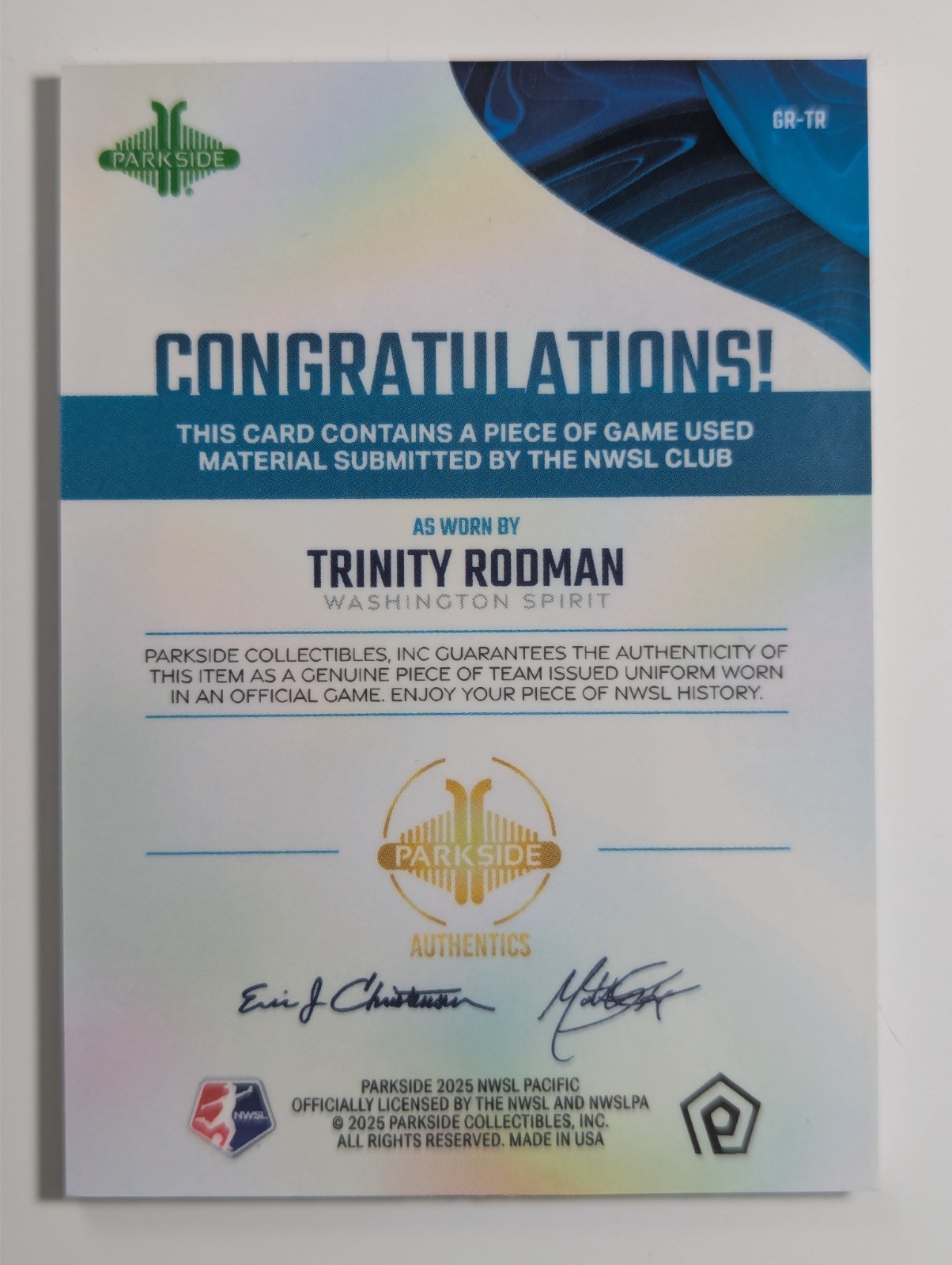 2025 Parkside NWSL Pacific Trinity Rodman Game Worn Relic QTY