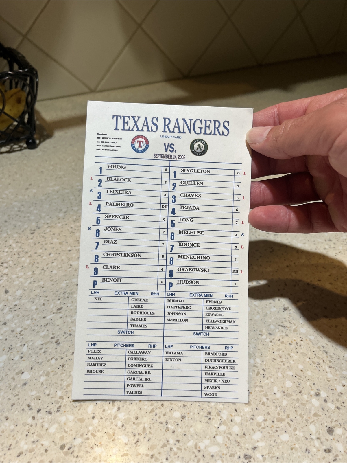 2003 Texas Rangers Game Used Line Up Card Vs Oakland A’s Coaches Card