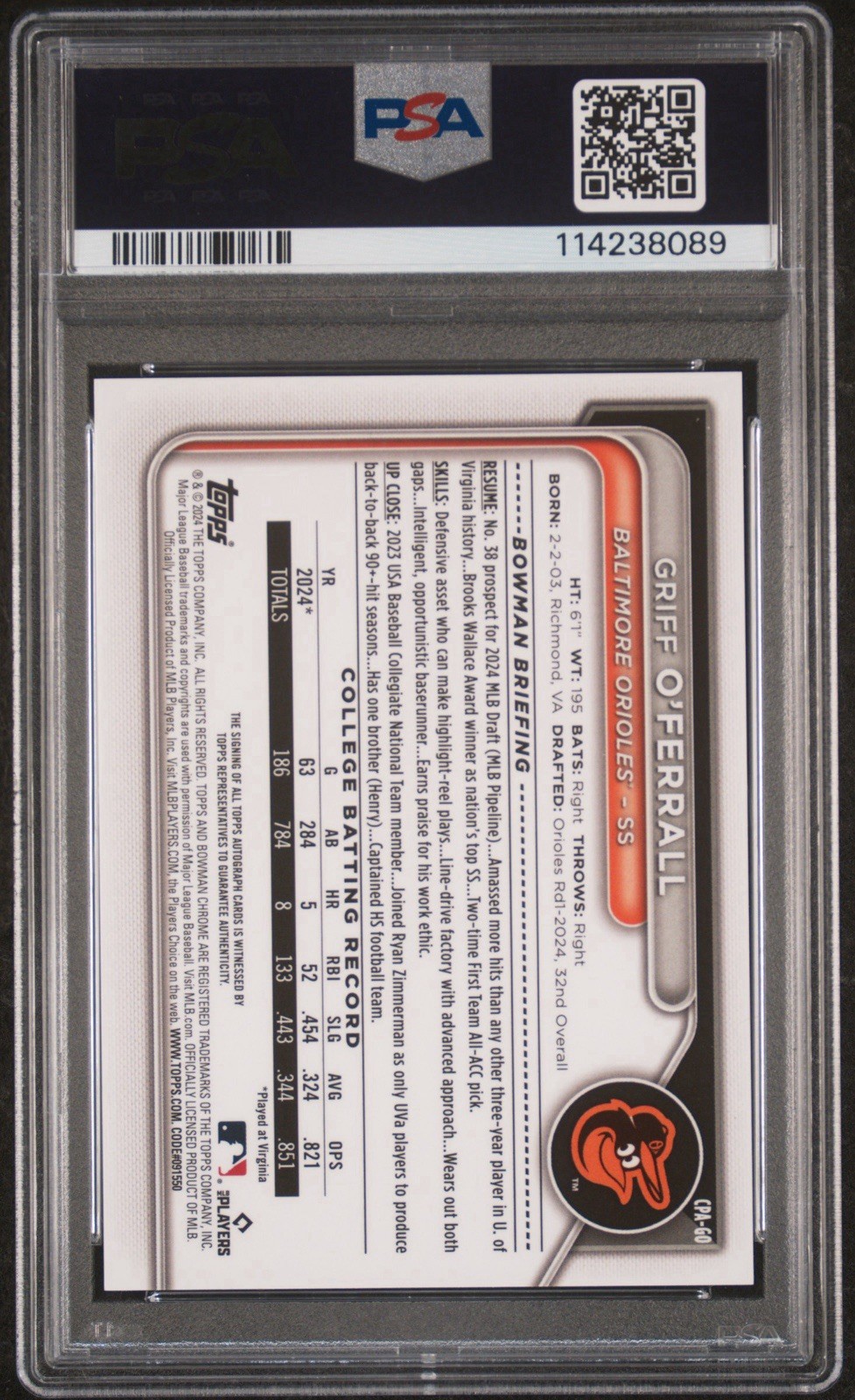 2024 Bowman Draft Griff O’Ferrall Red X-Fractor Auto #3/5 PSA 9 Rookie RC UVA