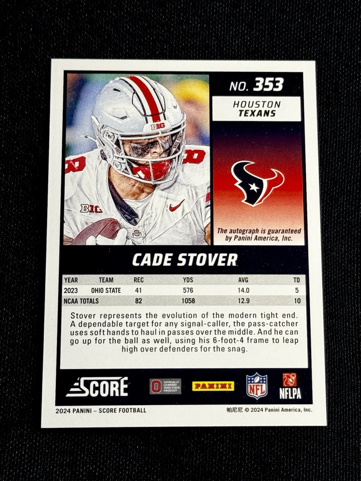 2024 Score Green – Rookies Cade Stover #353 Autographed (AU, RC) Texans NFL