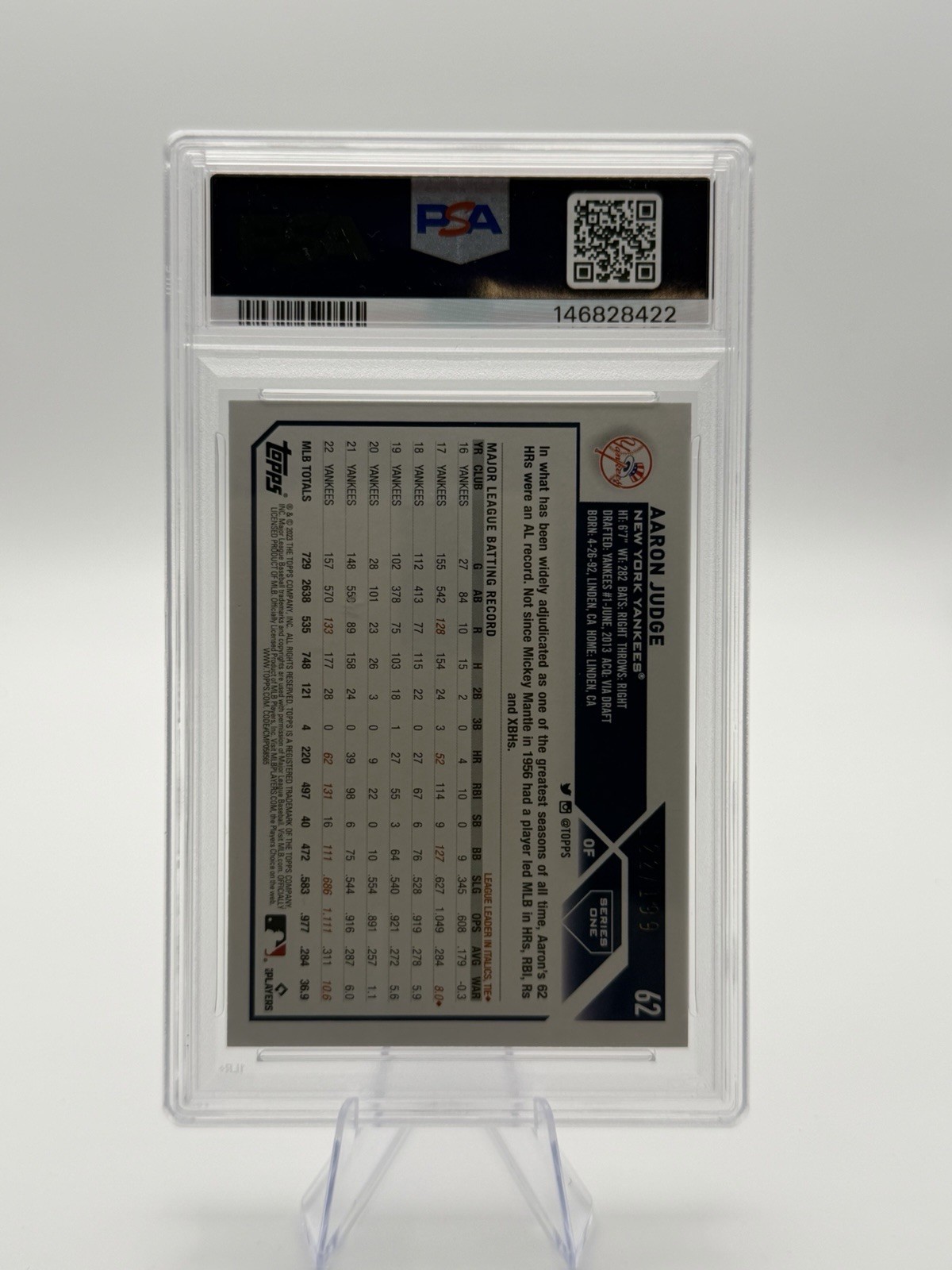 2023 Topps Series 1 Aaron Judge Red Foil #62 /199 PSA 9 Yankees