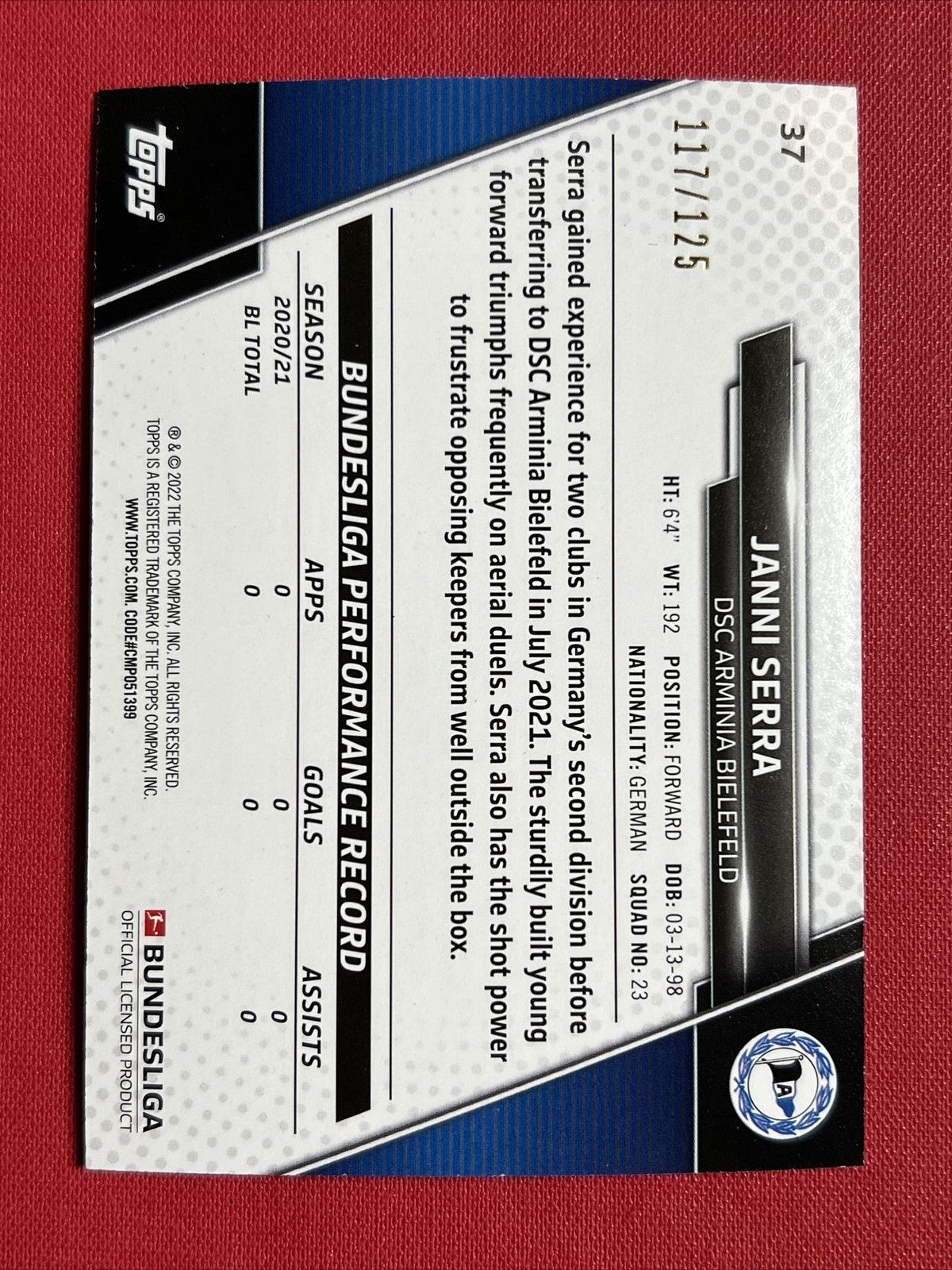 2021-22 Topps Bundesliga /125 Fuchsia Foil #37 Janni Serra DSC Arminia Bielefeld