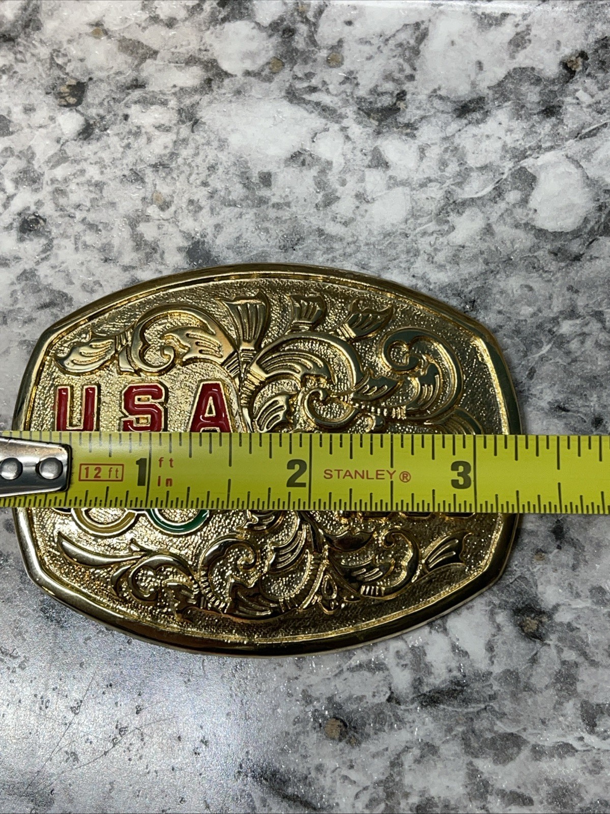 Vintage 1988 Olympic Gold Toned Belt Buckle Made in USA Enameled 3.25″ x 2.5″