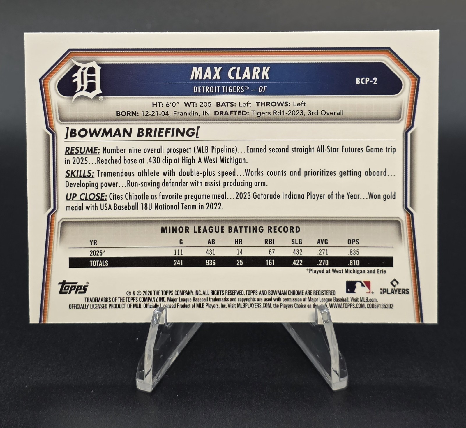 2026 Bowman Chrome Max Clark BCP-2 Detroit Tigers