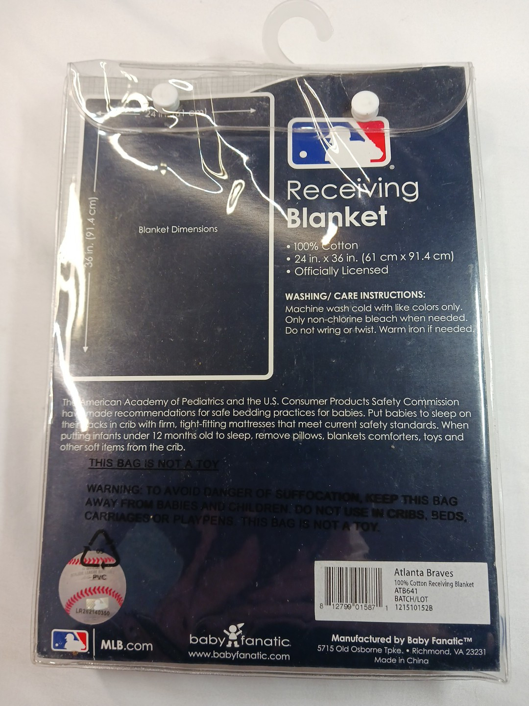 Baby Fanatic MLB Atlanta Braves Receiving Blanket 24″ x 36″ White With Blue Trim