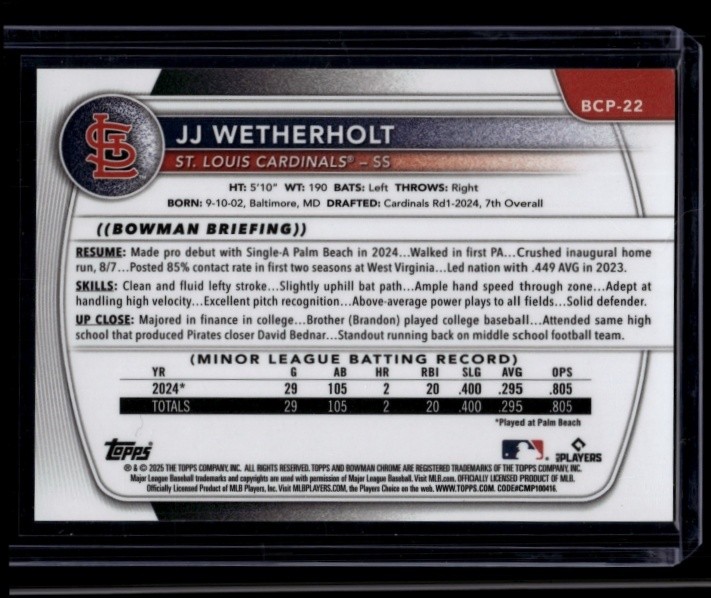2025 Bowman Baseball JJ Wetherholt #BCP-22 Chrome Prospects Aqua Shimmer /125