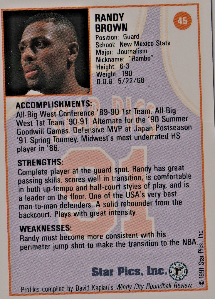 Randy Brown New Mexico State Guard 1991 Star Pics “PRO PROSPECT” Card # 45 NrMt