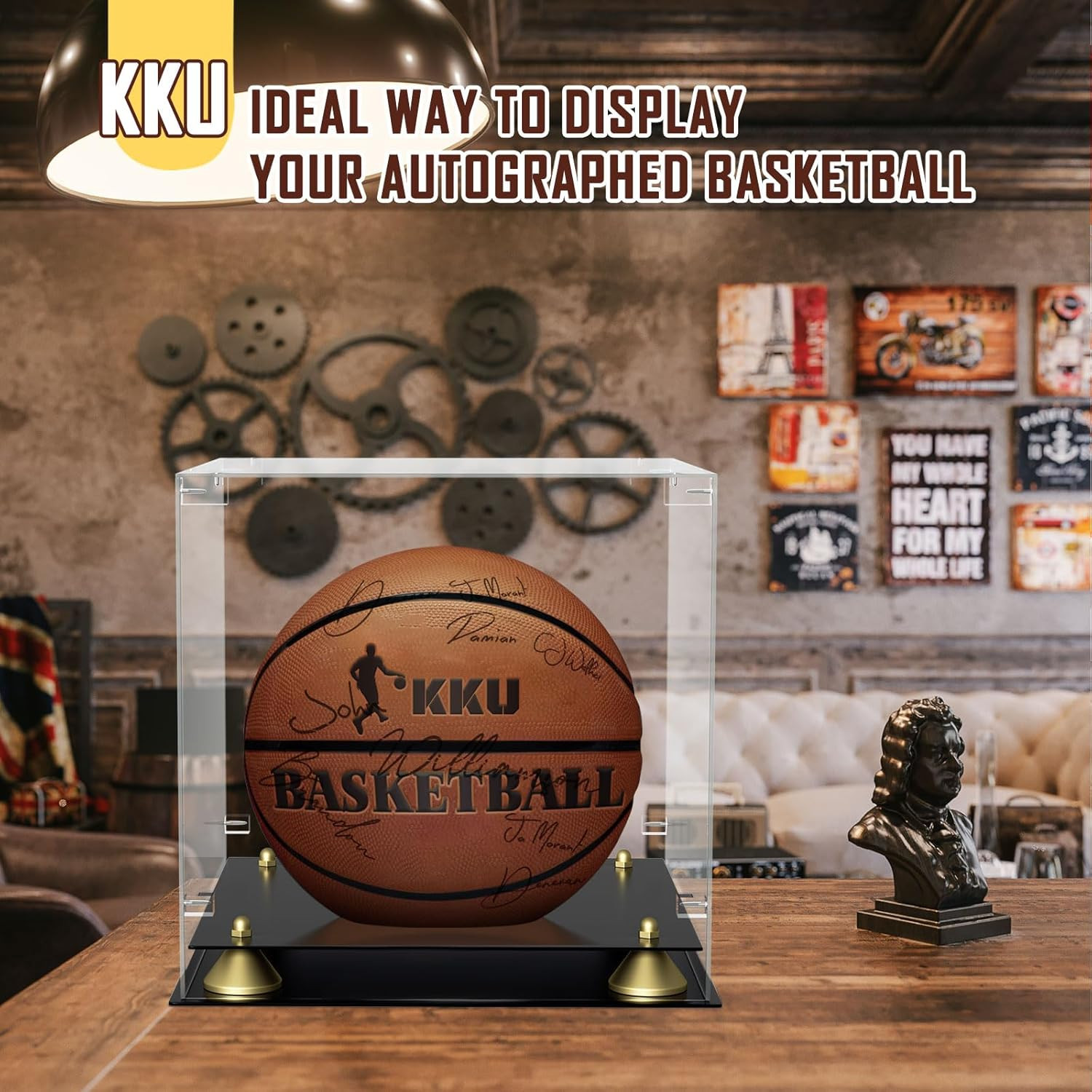 KKU Acrylic Full Size Basketball Display Case Clear Double Tier Black Stand Gift