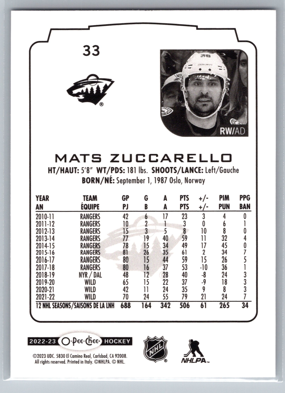 2022-23 O-Pee-Chee #33 Mats Zuccarello Minnesota Wild