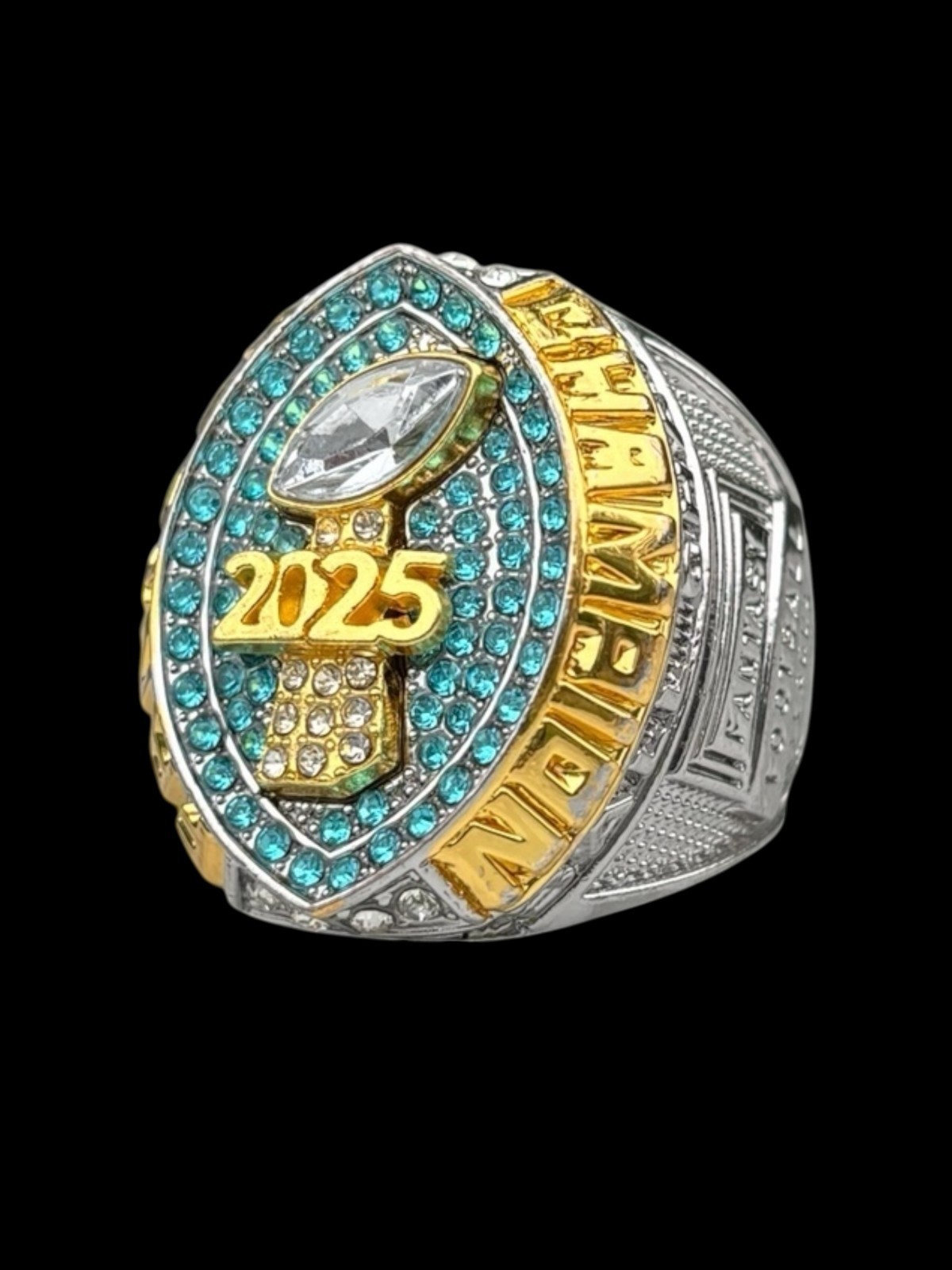 2025 Fantasy Football Championship Ring Gold + Silver Tone Light Blue stones