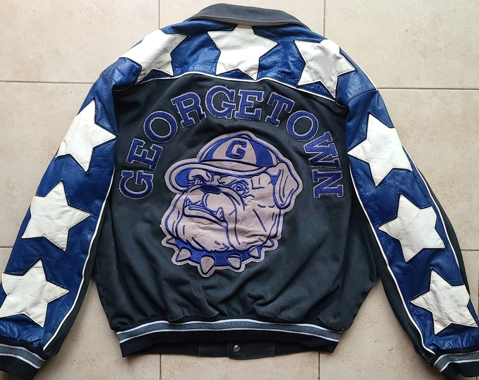 Georgetown Hoyas 90s JEFF HAMILTON bomber LEATHER jacket L navy blk NCAA vintage
