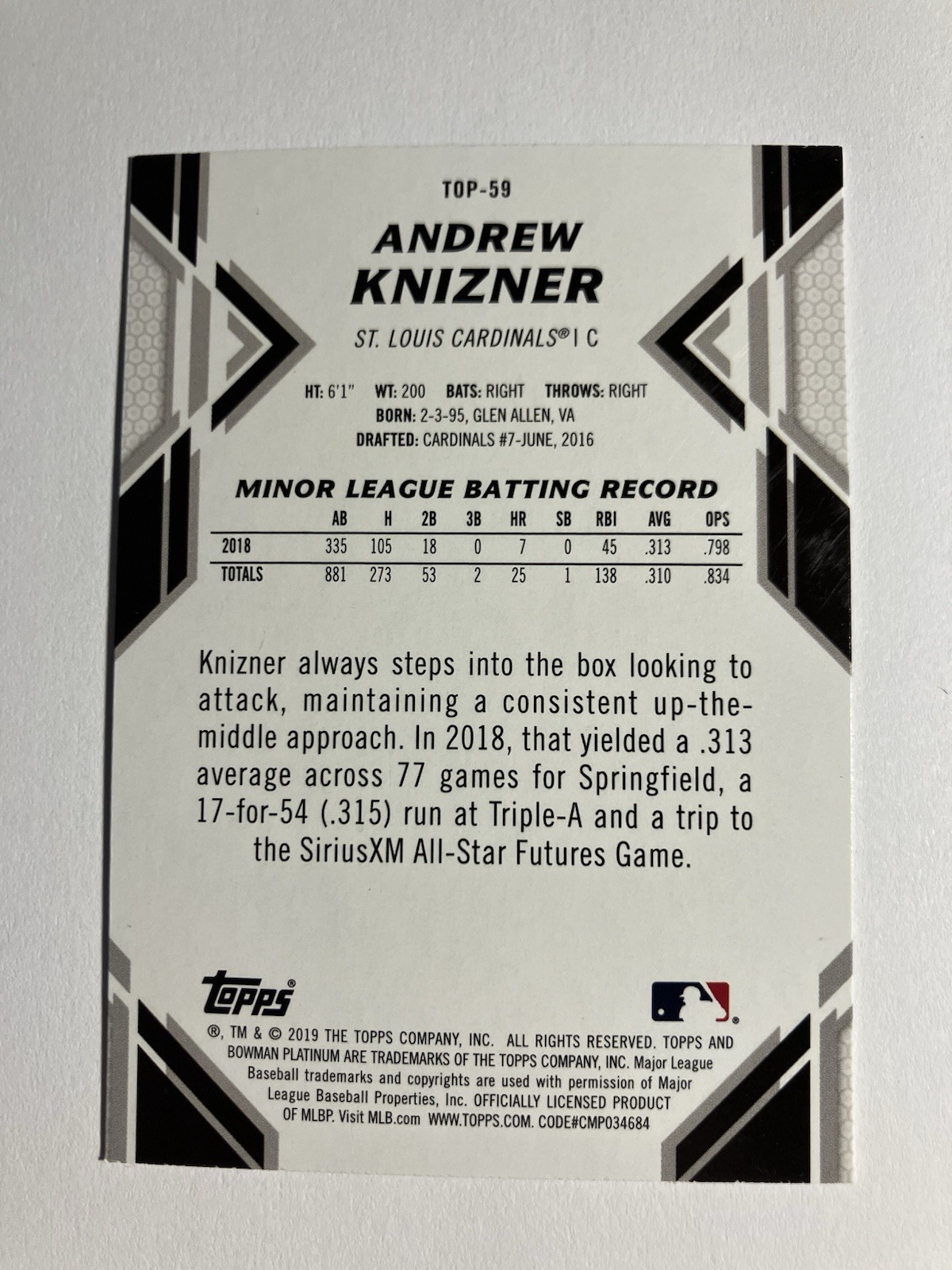 Andrew Knizner 2019 Bowman Platinum Wal-Mart Top Prospects #TOP-59 Cardinals