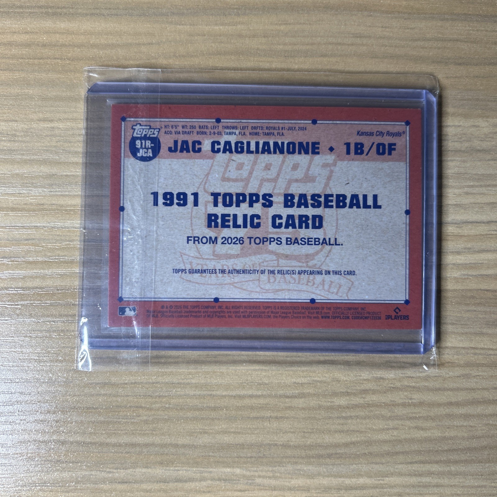 Topps 2026 Series 1 Jac Caglianone Rookie Memorabilia Royals #91R-JCA