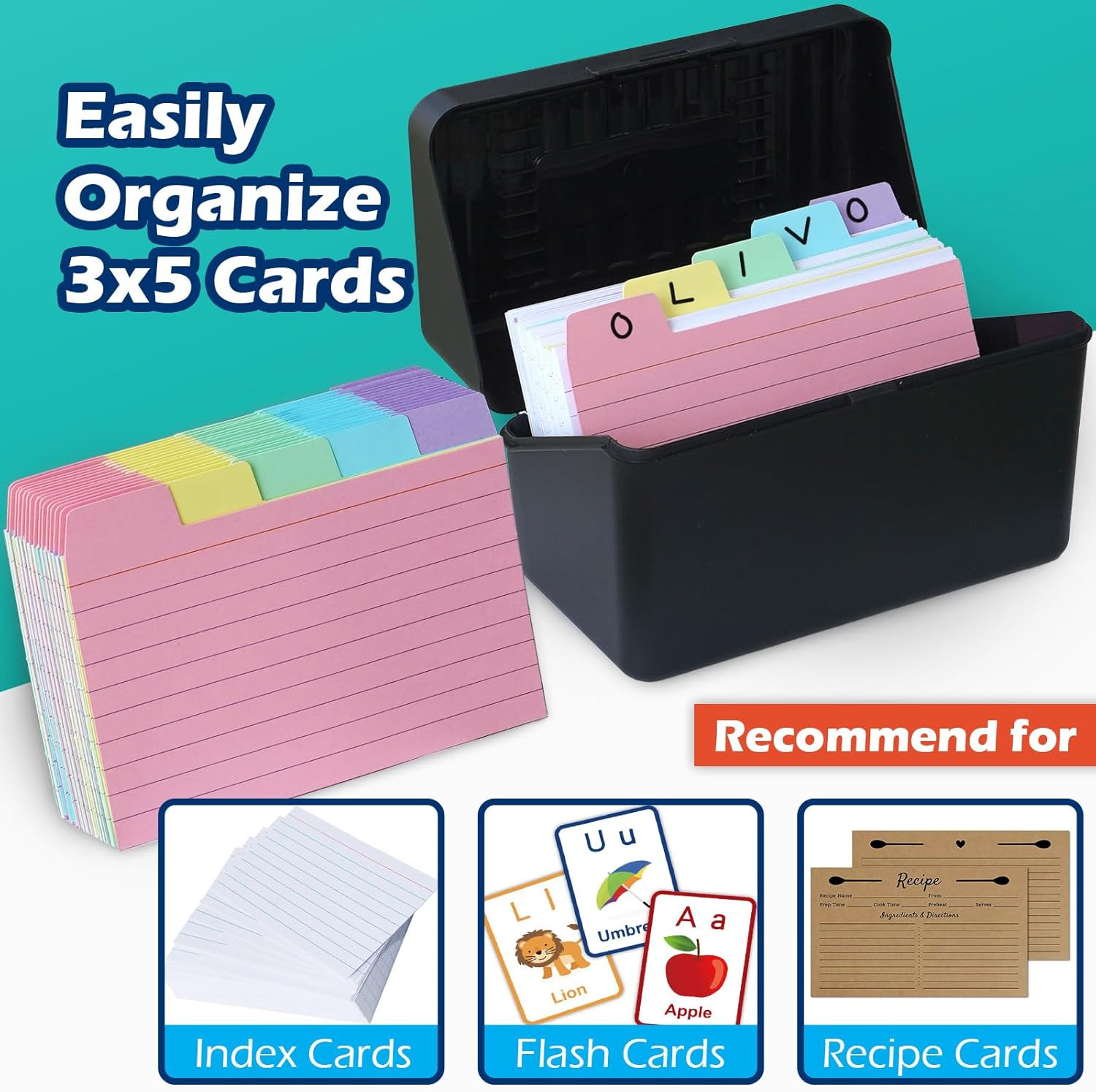 3X5 Index Card Holder Box with 100 Cards Dividers Tabs 3″X 5″, Teal