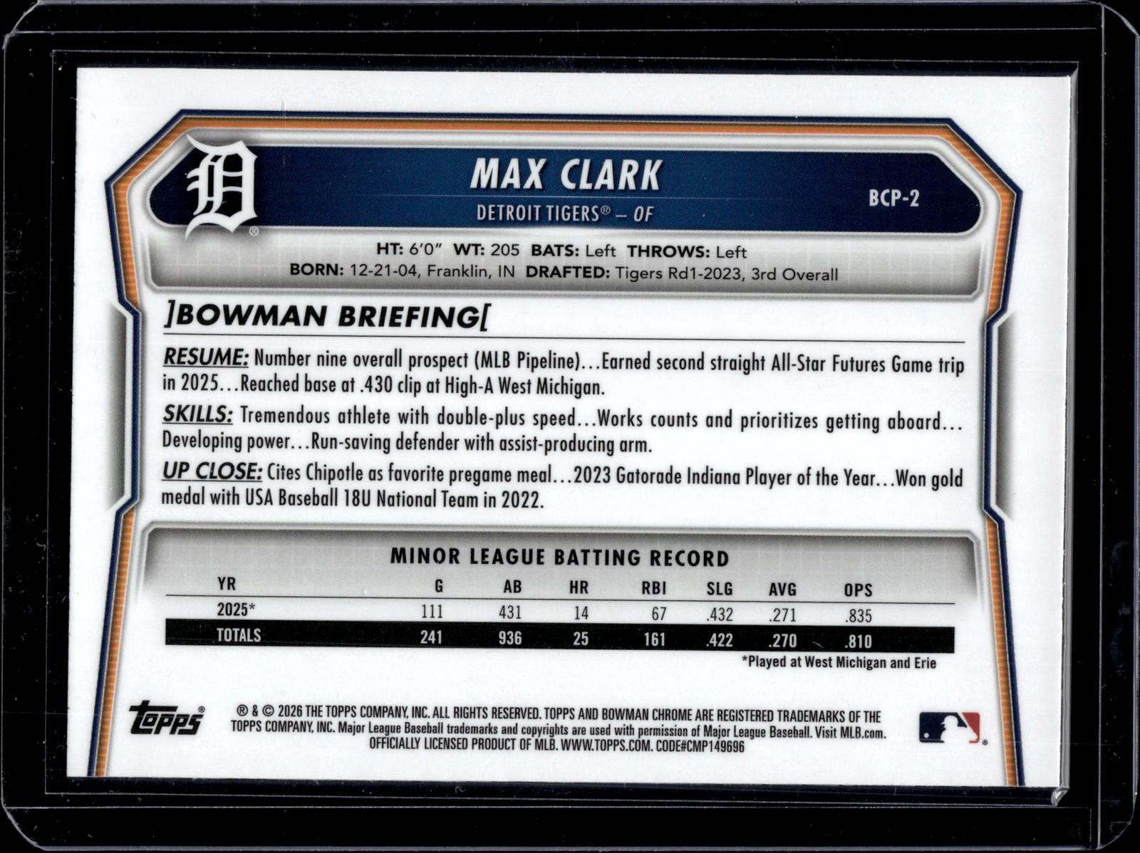 2026 Bowman #BCP-2 Max Clark Chrome Prospects Mojo Refractor