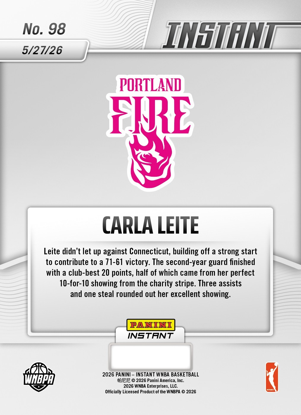 *PRESALE* 2026 Panini Instant WNBA Carla Leite #98 ~ Portland Fire