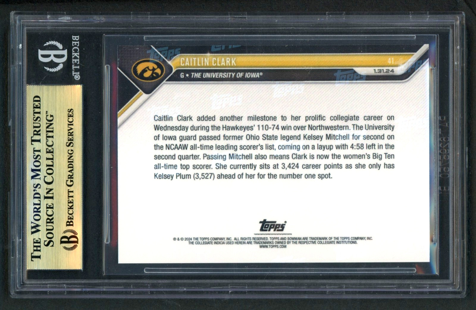 2023-24 Bowman U Now #41 Caitlin Clark BGS 10 Pristine