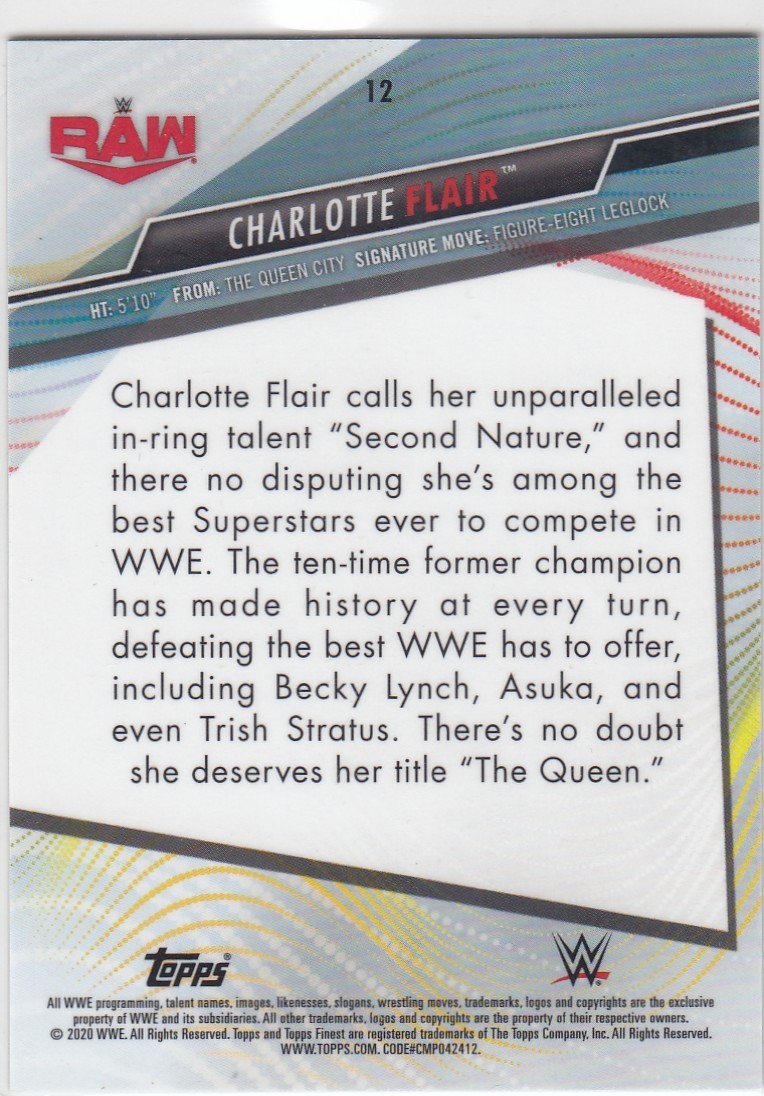 Charlotte Flair 2020 Topps Finest #12 /99 WWE Women Champ NXT Smackdown Green ZX