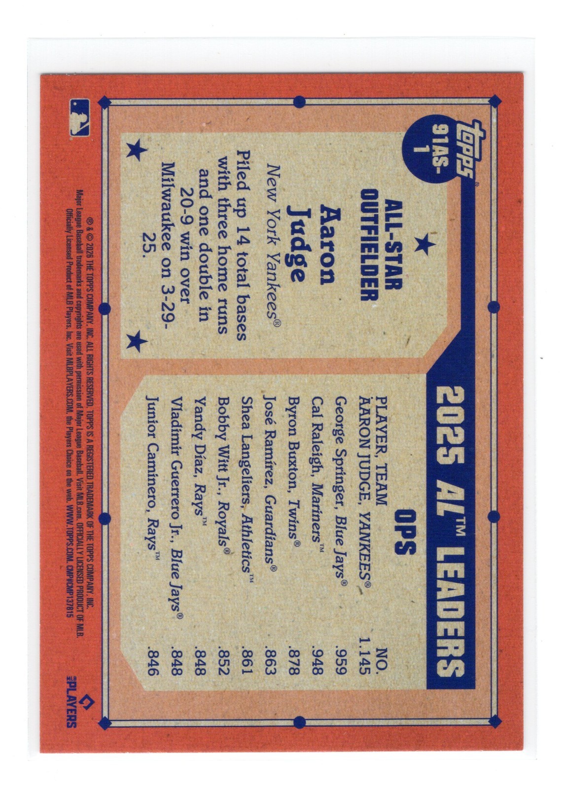 2026 Topps Series 2 Aaron Judge #91AS-1 1991 Topps All-Stars New York Yankees