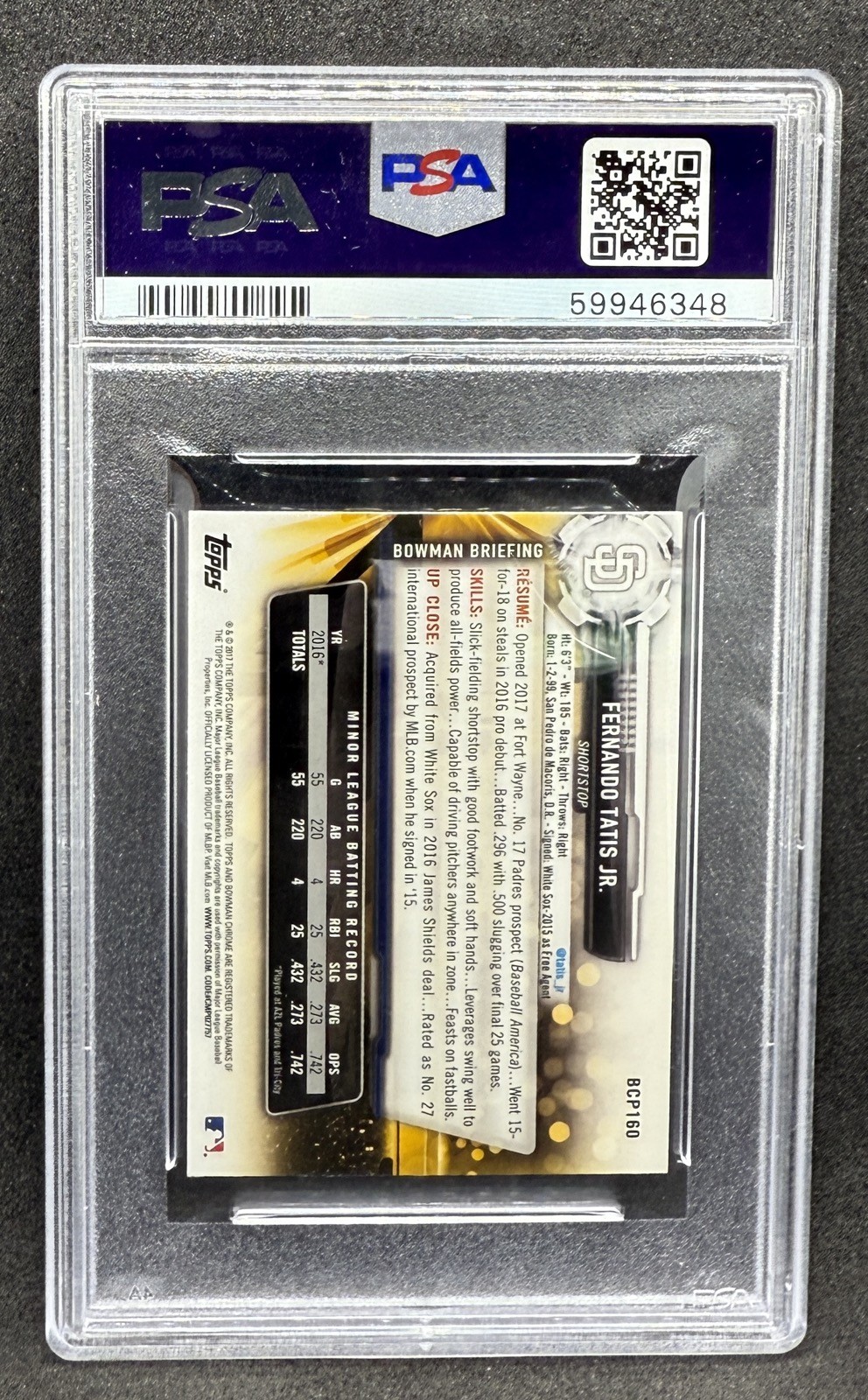 Fernando Tatis Jr. 2017 Bowman Chrome Mini Prospect PSA 9 MINT Padres PRC BCP160