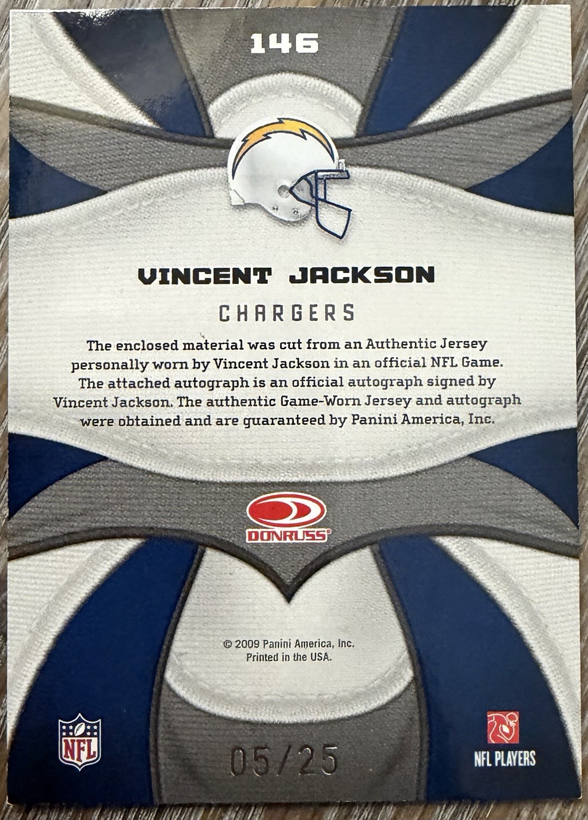 2009 Certified VINCENT JACKSON Fabric Of The Game Jersey Autograph /25 Chargers