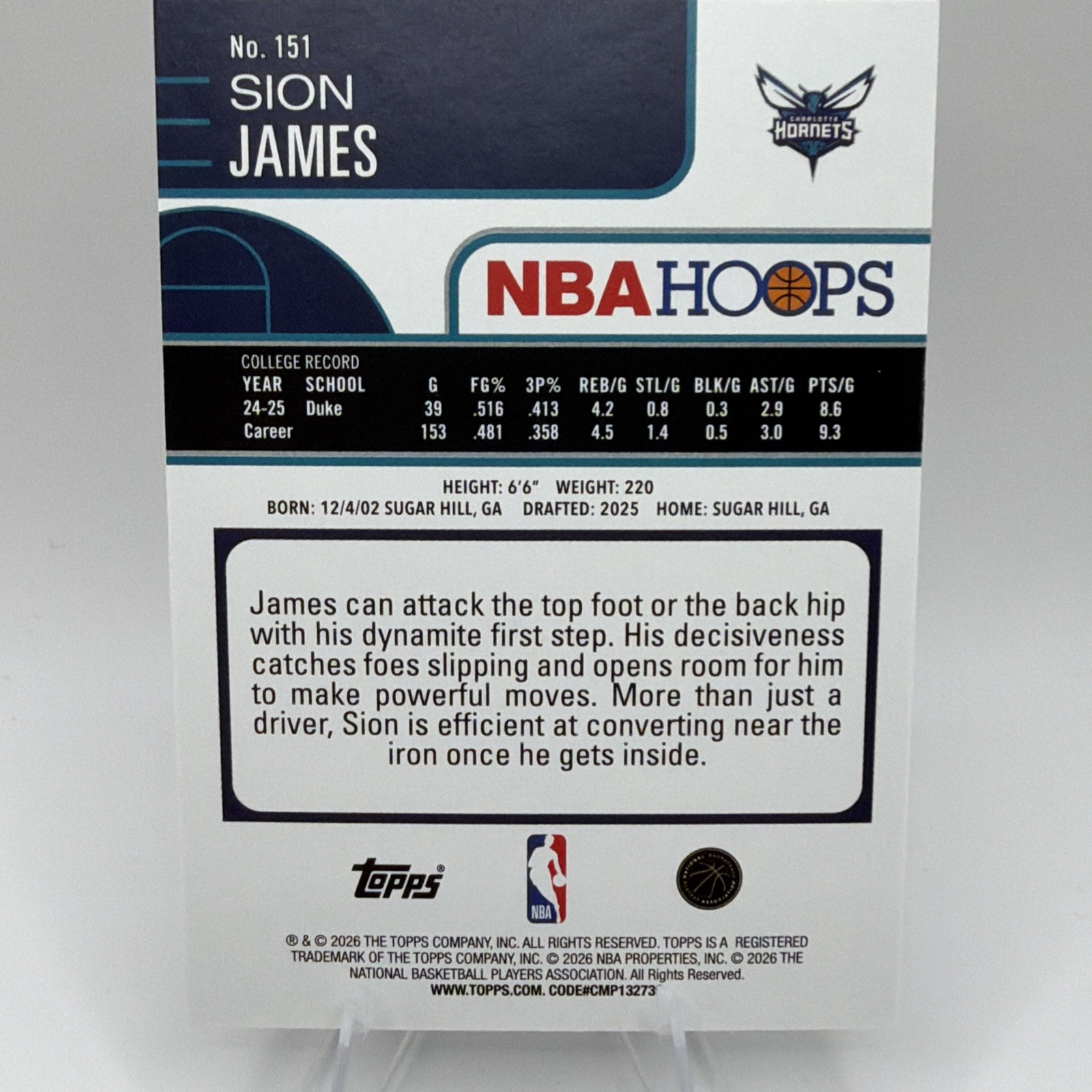Sion James RC Rainbow Foil 2025-26 Topps Hoops #151 Charlotte Hornets